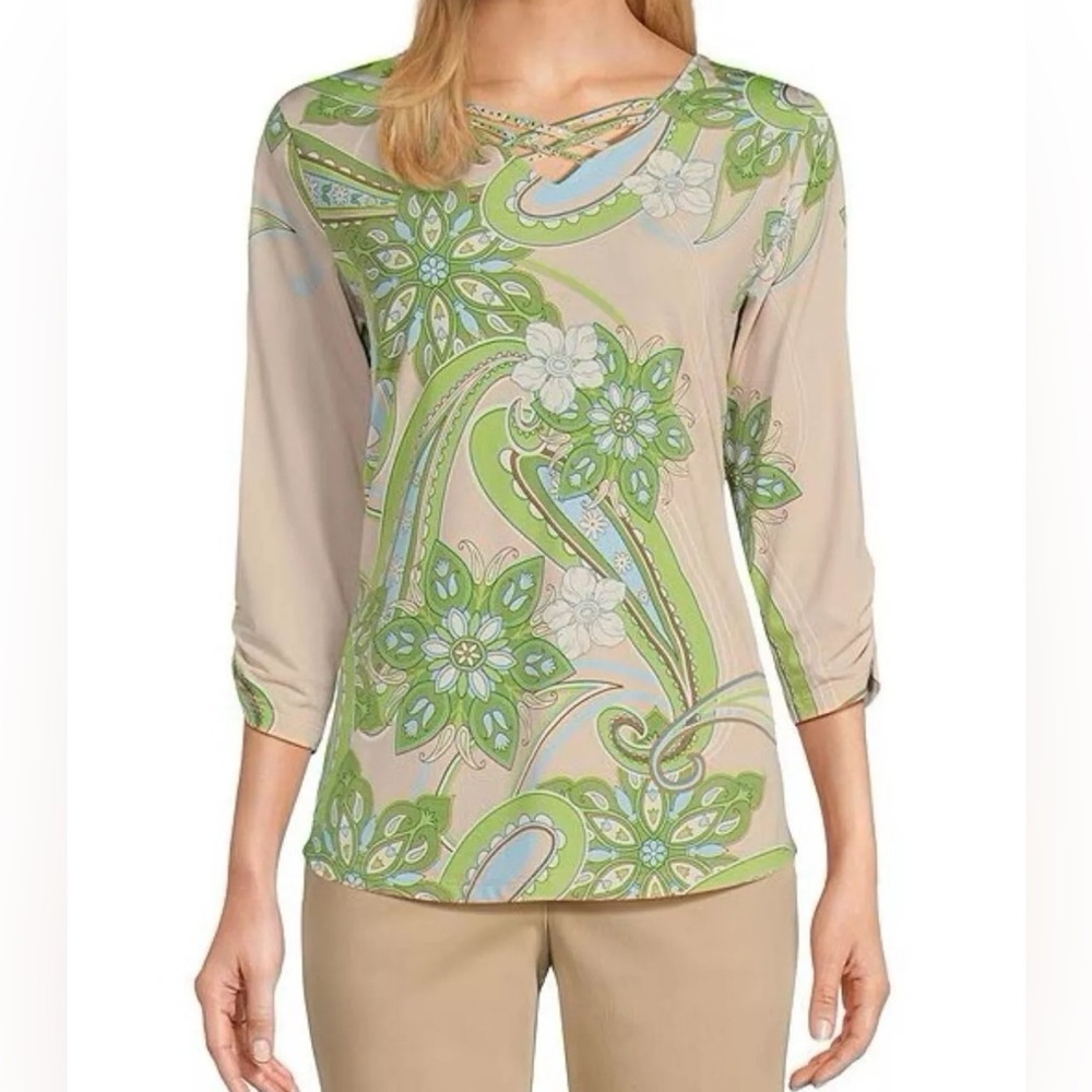 NEW Petite PS Allison Daley EmbellishPaisley Print 3/4 Sleeve Crisscross Top $59